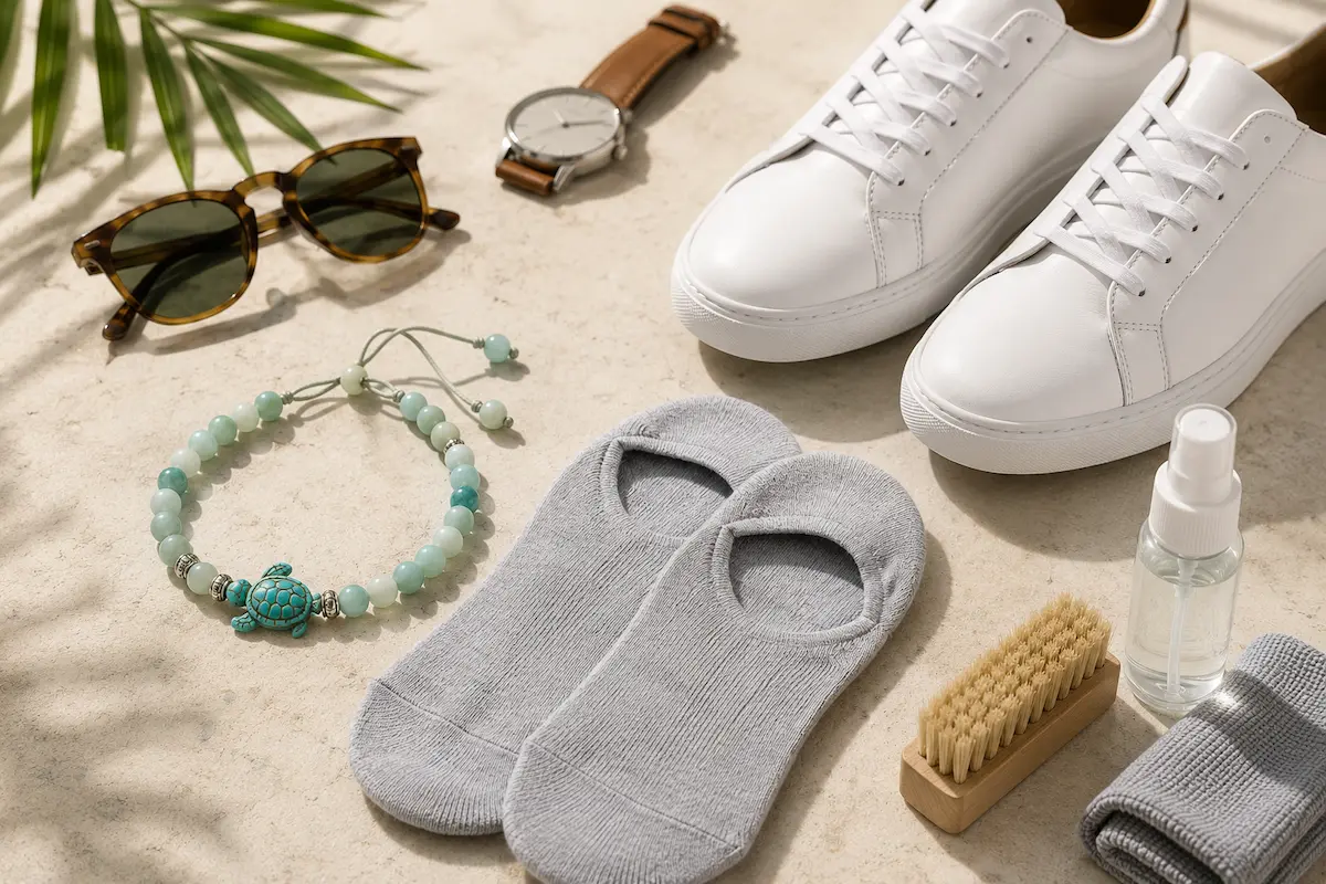 Men’s small summer style details including aqua sea turtle bracelet, no-show socks, sneaker cleaning kit, and clean white sneakers