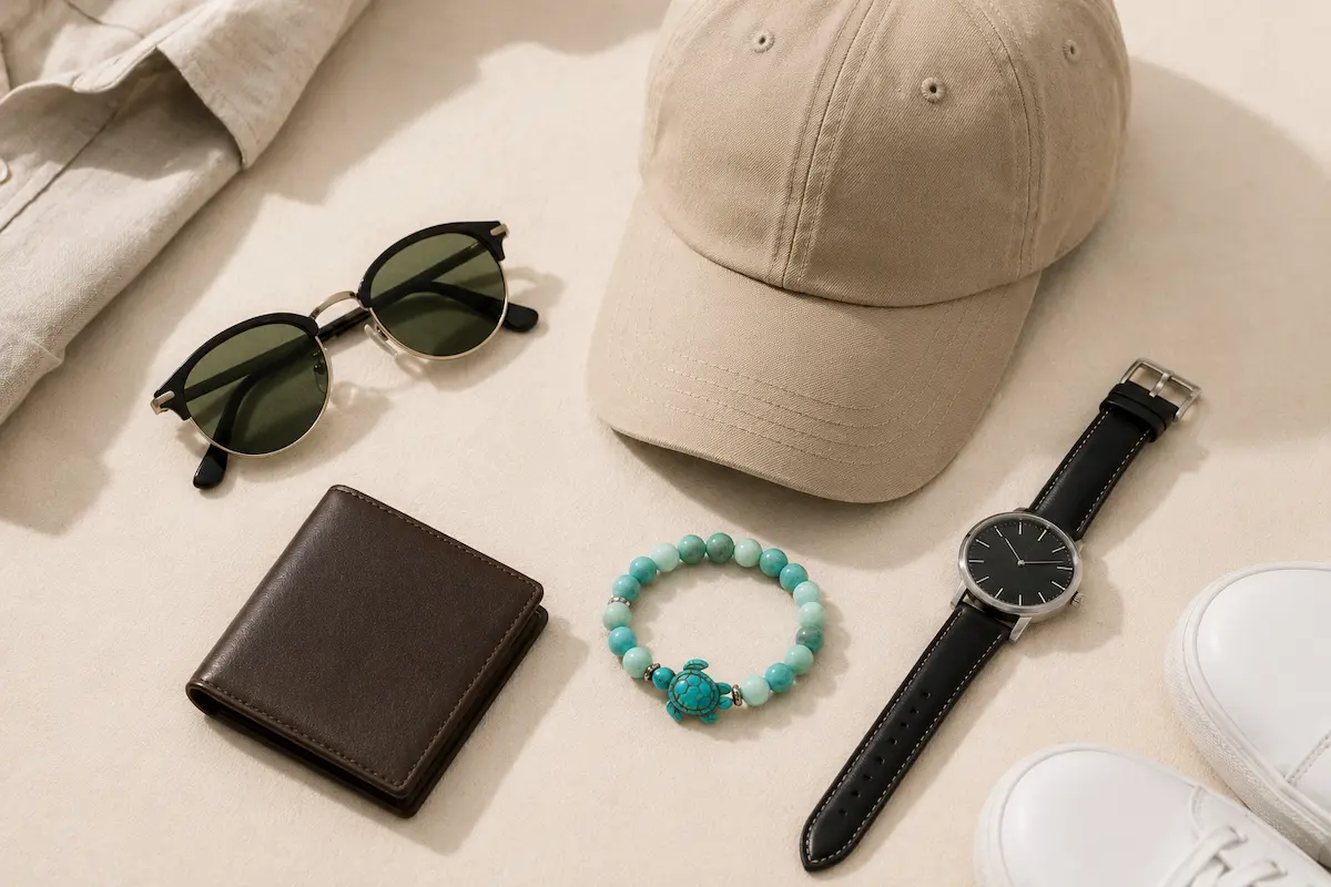 Men’s summer accessories flat lay with sunglasses, cap, watch, slim wallet, and aqua sea turtle bracelet
