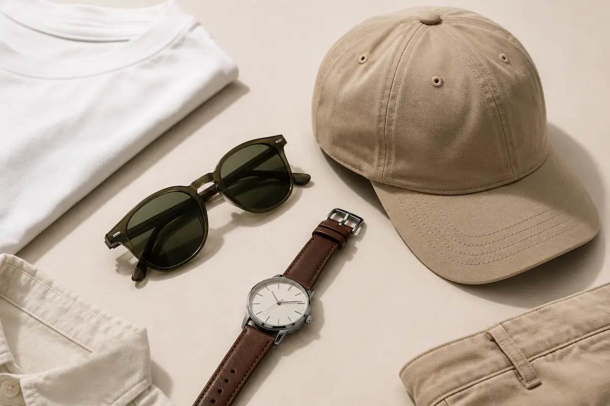 Men’s sunglasses, neutral cap, and everyday watch styled as summer outfit accessories