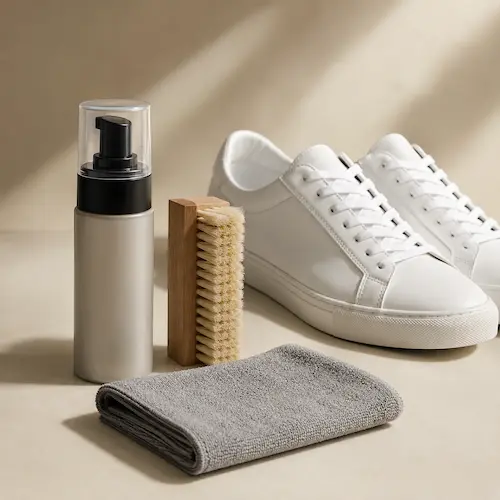 Sneaker cleaning kit styled with white sneakers, brush, cloth, and casual men’s summer accessories