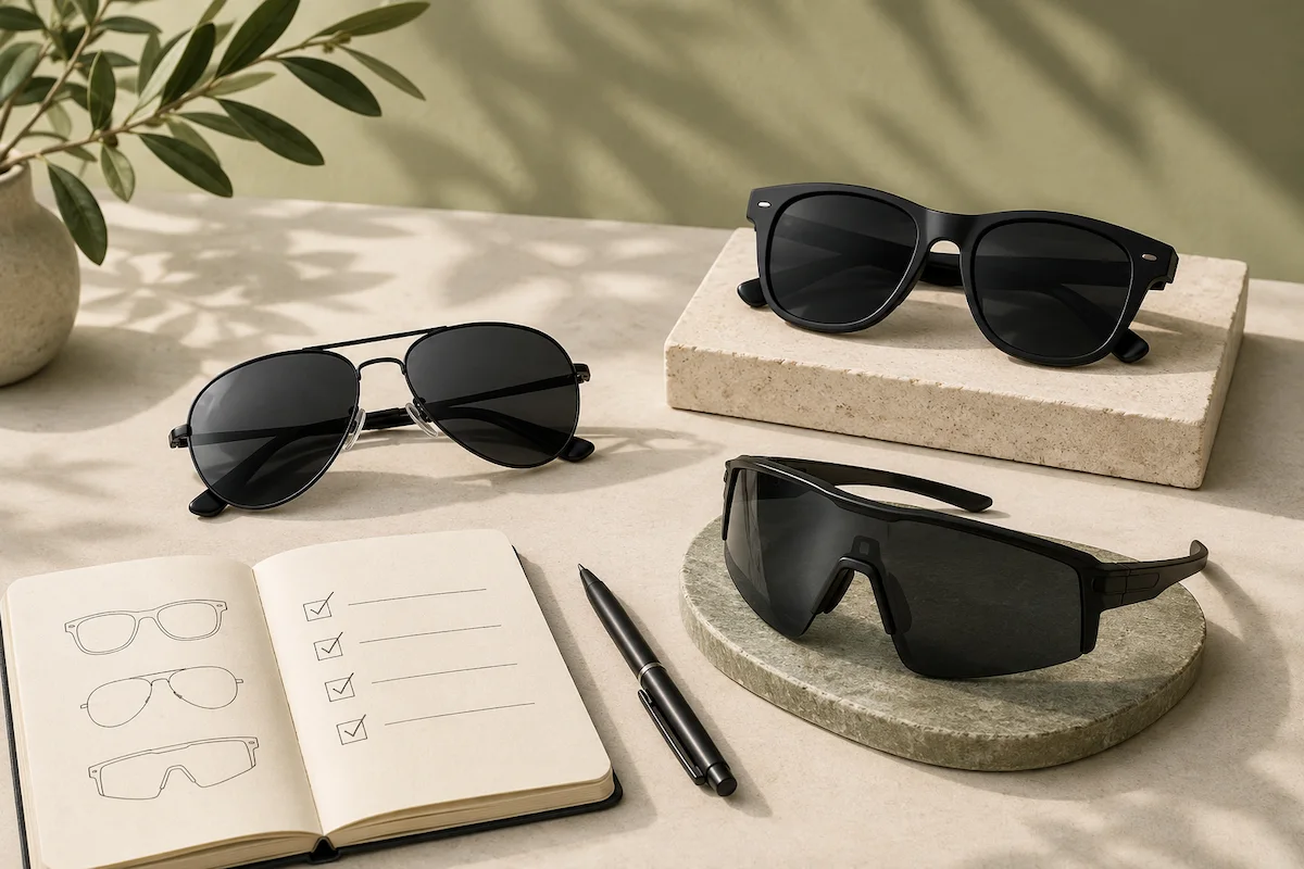 Best men’s sunglasses on Amazon shown with a buying guide notebook and different frame styles